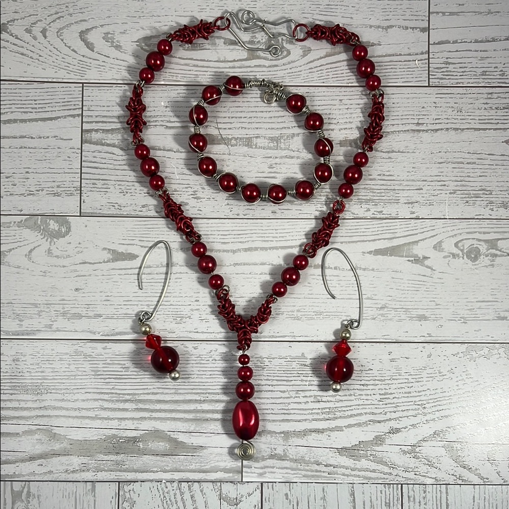 Elegant Handmade Red Beaded and Chainmail Necklace, Bracelet, and Earrings Set